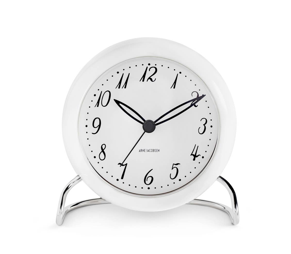 Arne Jacobsen LK Table Clock in White on a white background at Addison West
