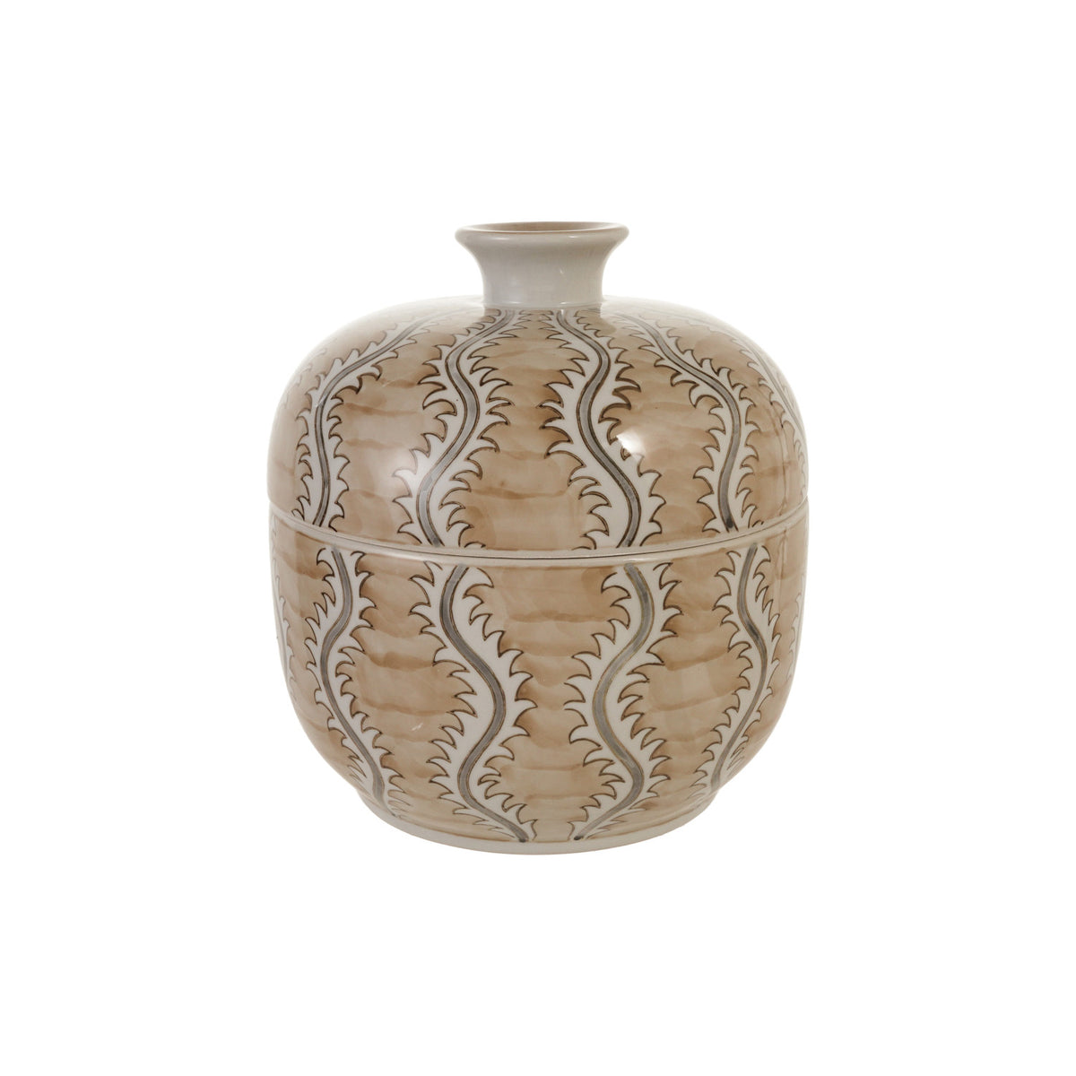 Decorative ceramic jar with intricate brown patterns on a white background