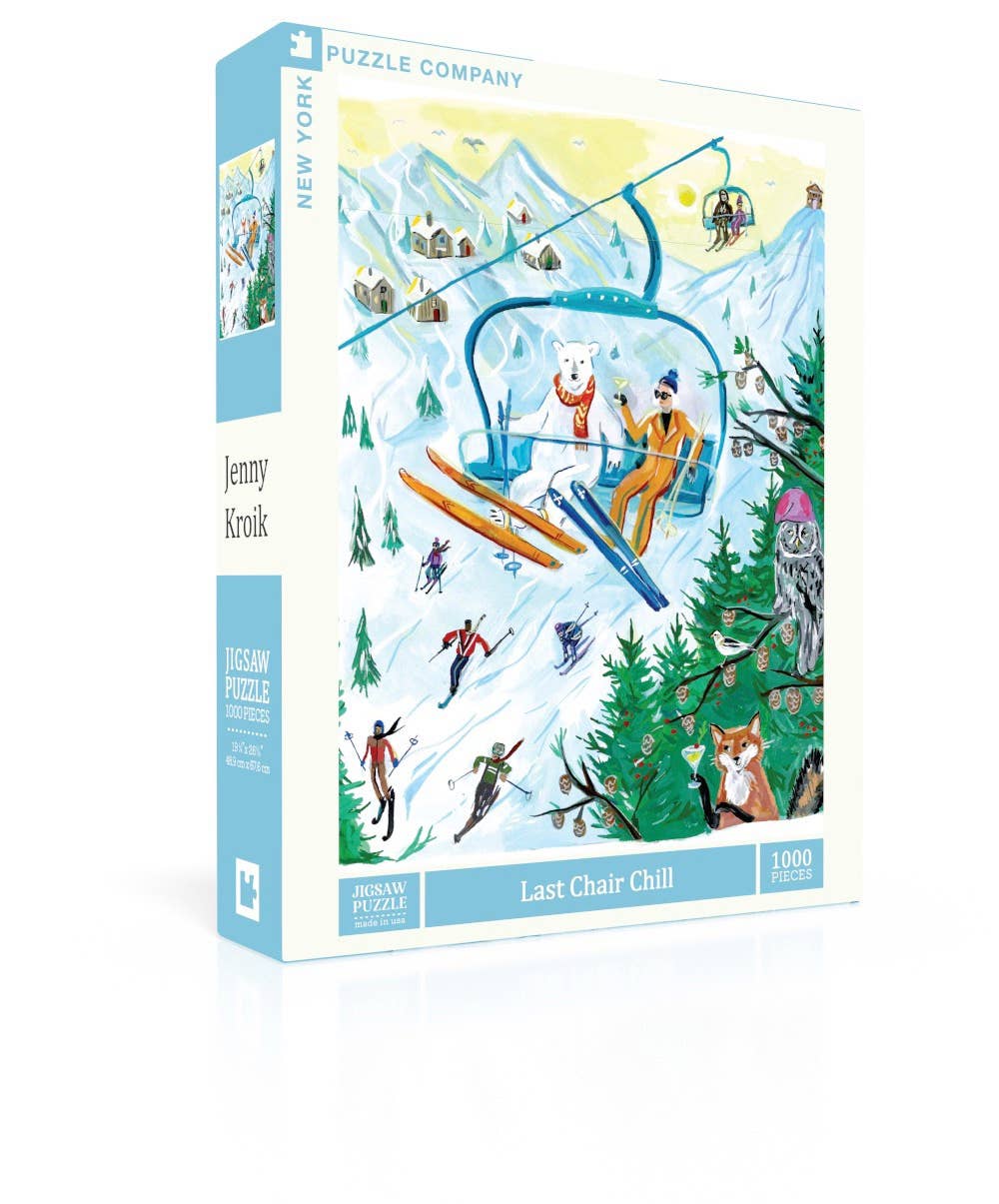 Jigsaw puzzle box with a winter scene design featuring people on a ski lift and trees.