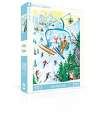 Jigsaw puzzle box with a winter scene design featuring people on a ski lift and trees.