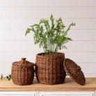 Wicker Storage Baskets With Lids on a table with a plant at Addison West