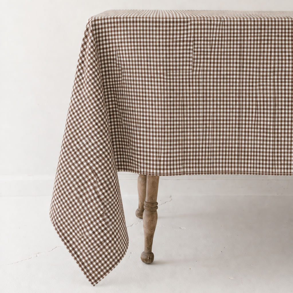 Tobacco Gingham Check Linen Tablecloth, 60" x 90" on a white background at Addison West