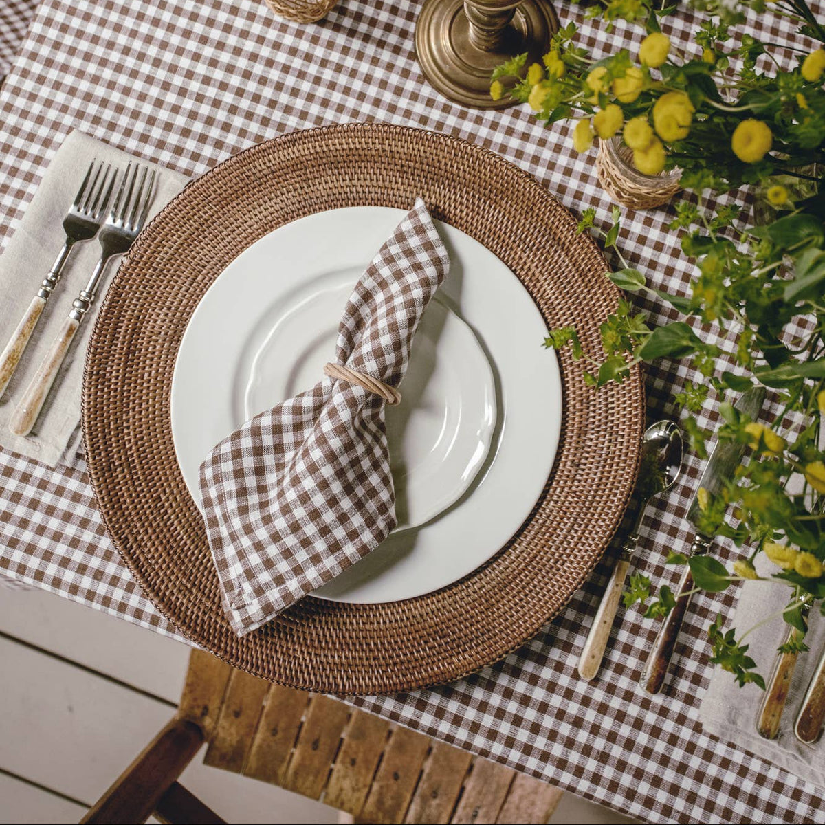 Tobacco Gingham Check Linen Tablecloth, 60" x 90" on a table at Addison West
