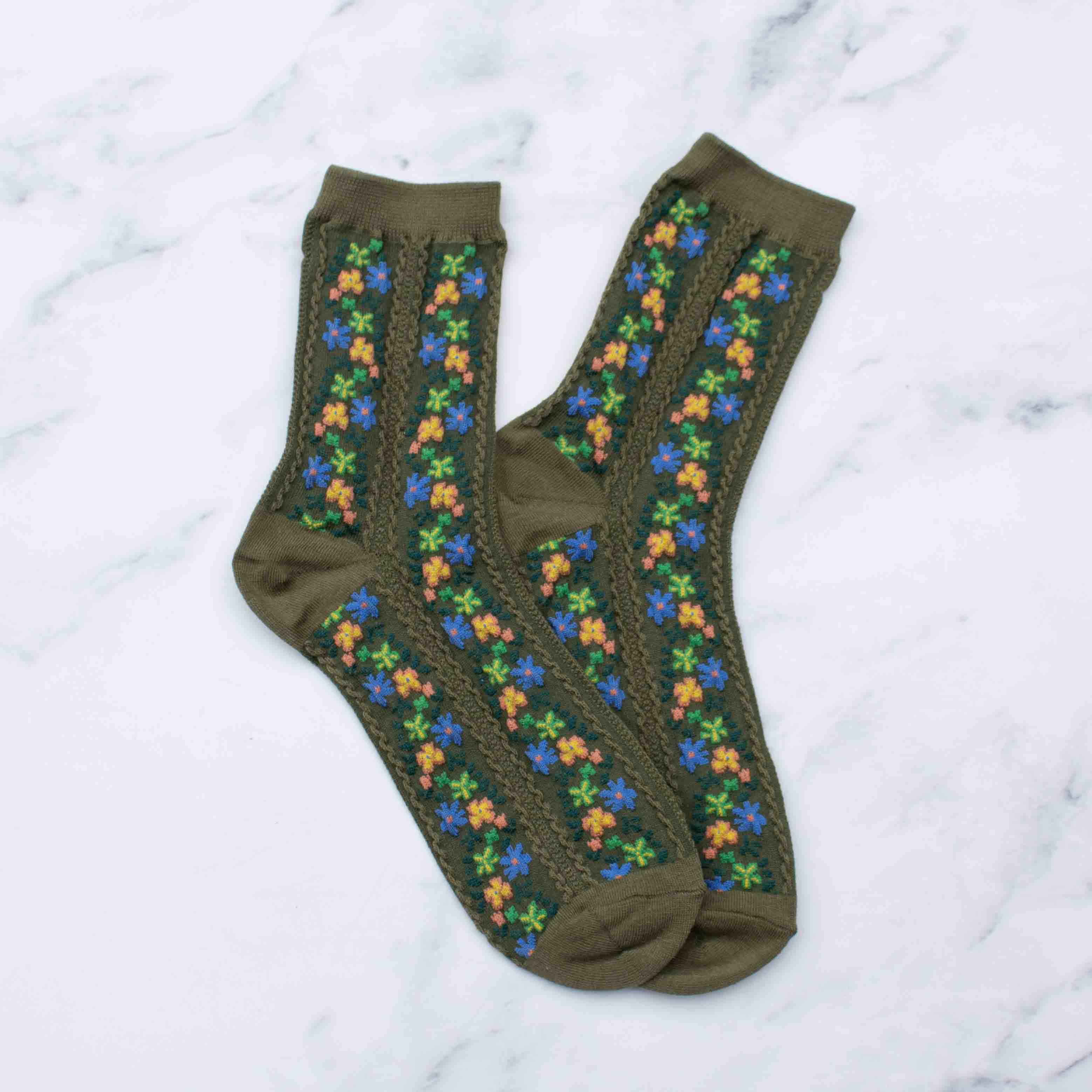 Aahana Floral Socks in Olive on a white background at Addison West