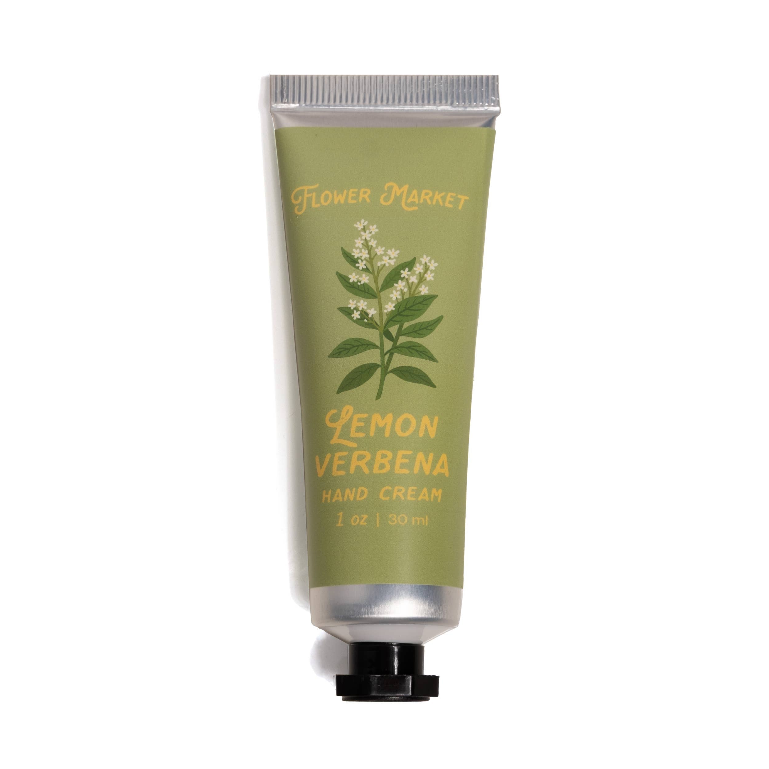 Lemon verbena hand cream in a green tube with a black cap on a white background