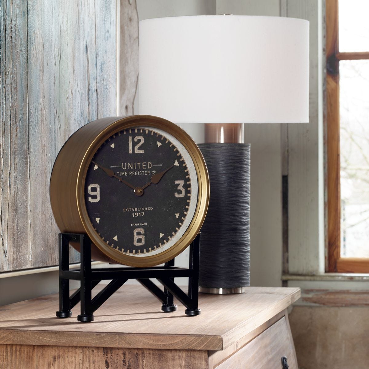 Shyden Clock on a table at Addison West