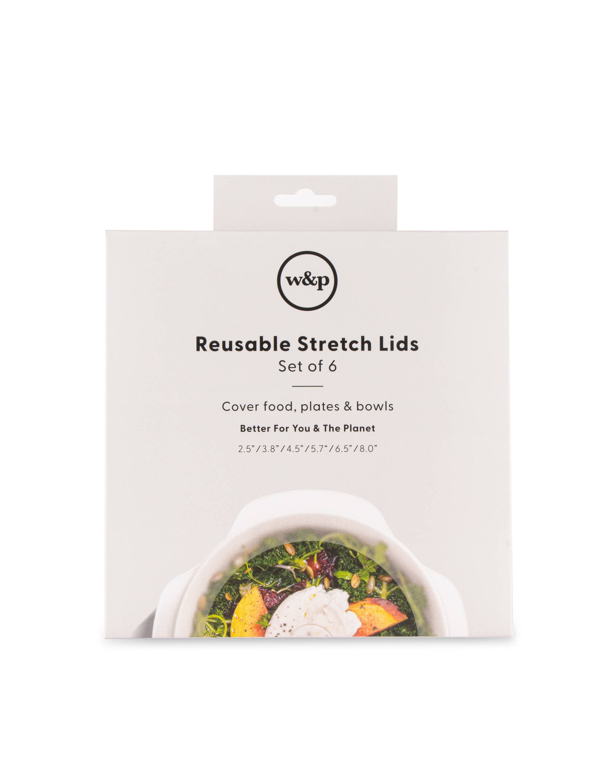 Packaging of reusable stretch lids with a visible brand logo on a white background