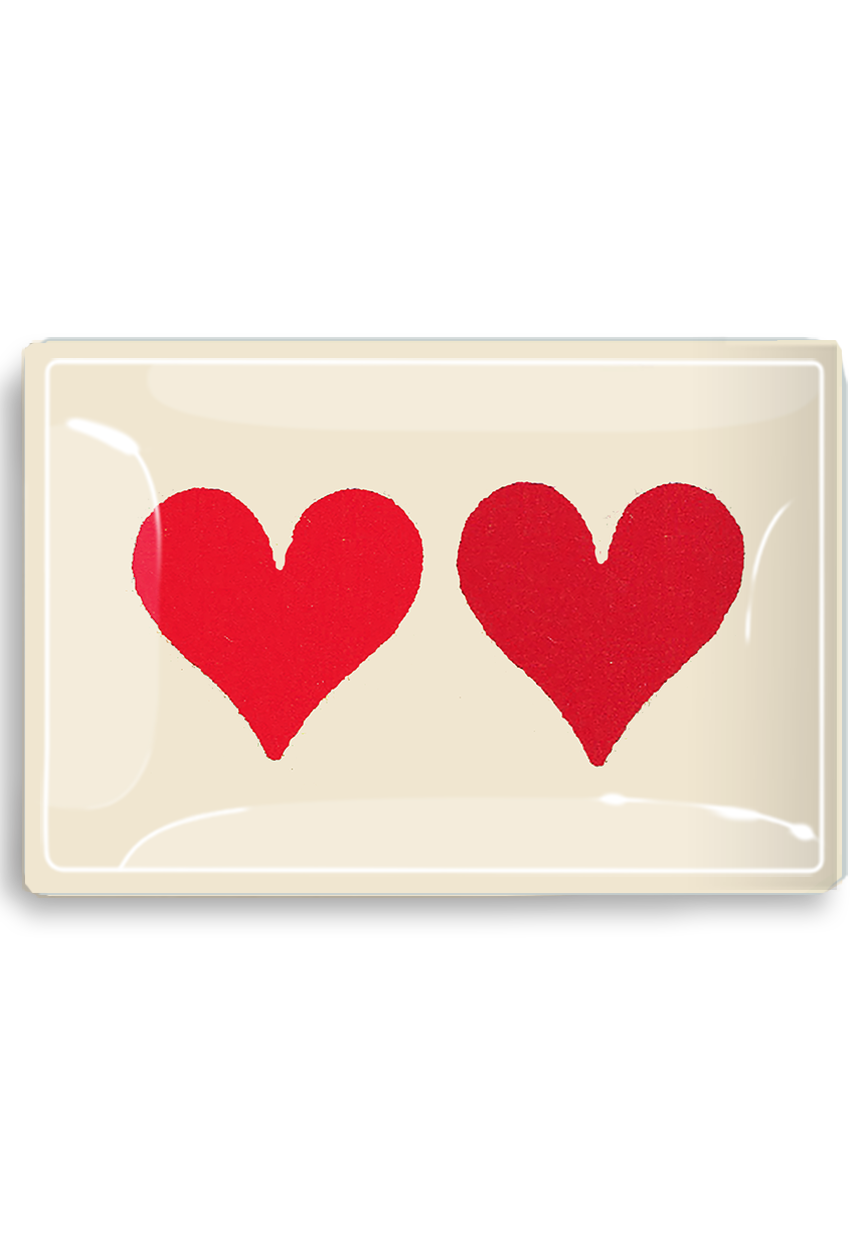 Rectangular glass plate with two red hearts on a white background