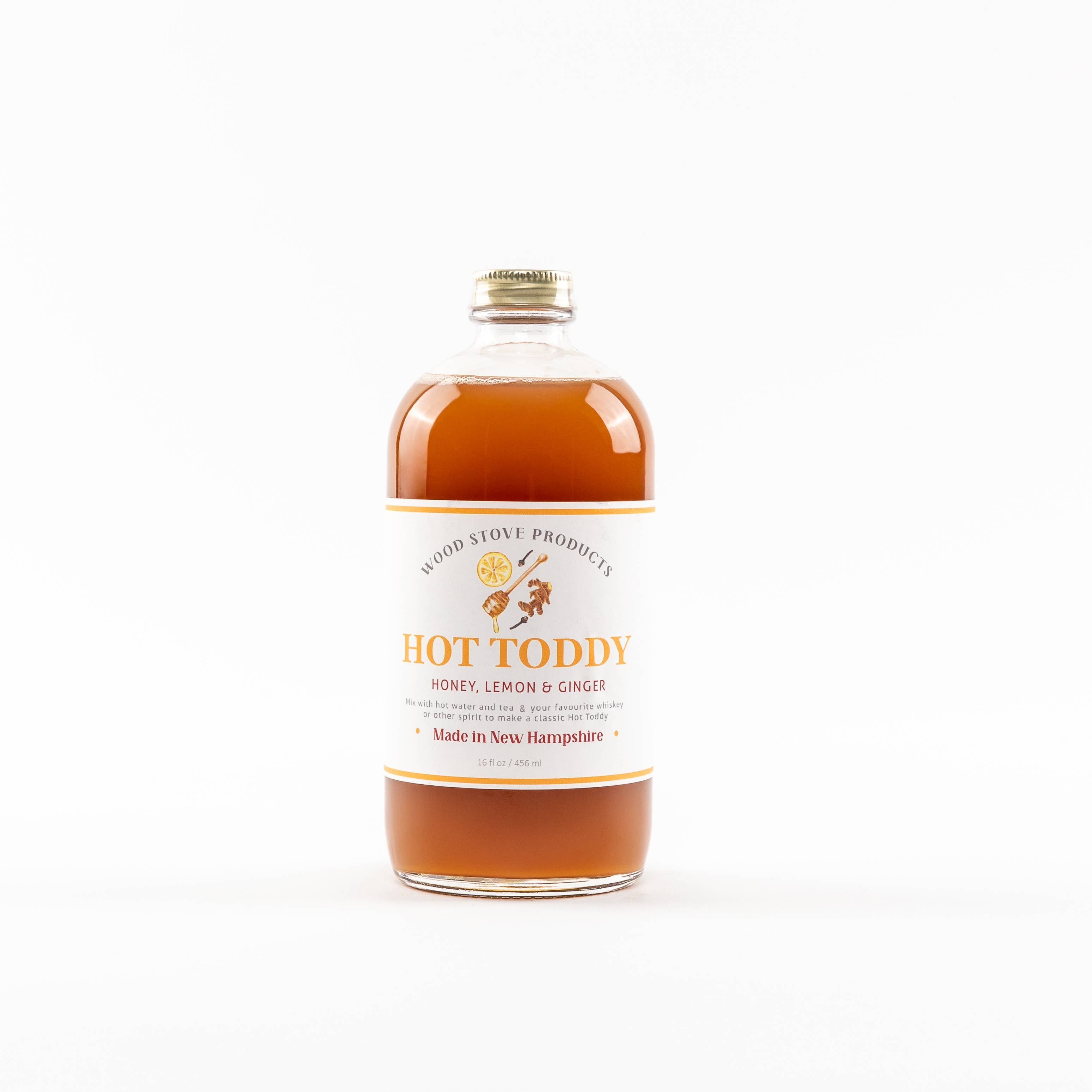 Bottle of Hot Toddy with a label on a white background