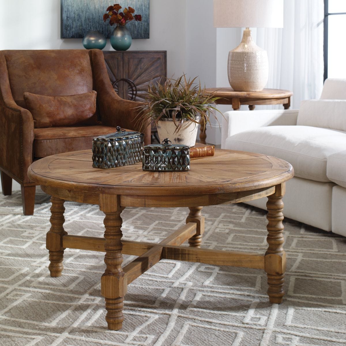 Stratton Reclaimed Fir Coffee Table in a living room at Addison West