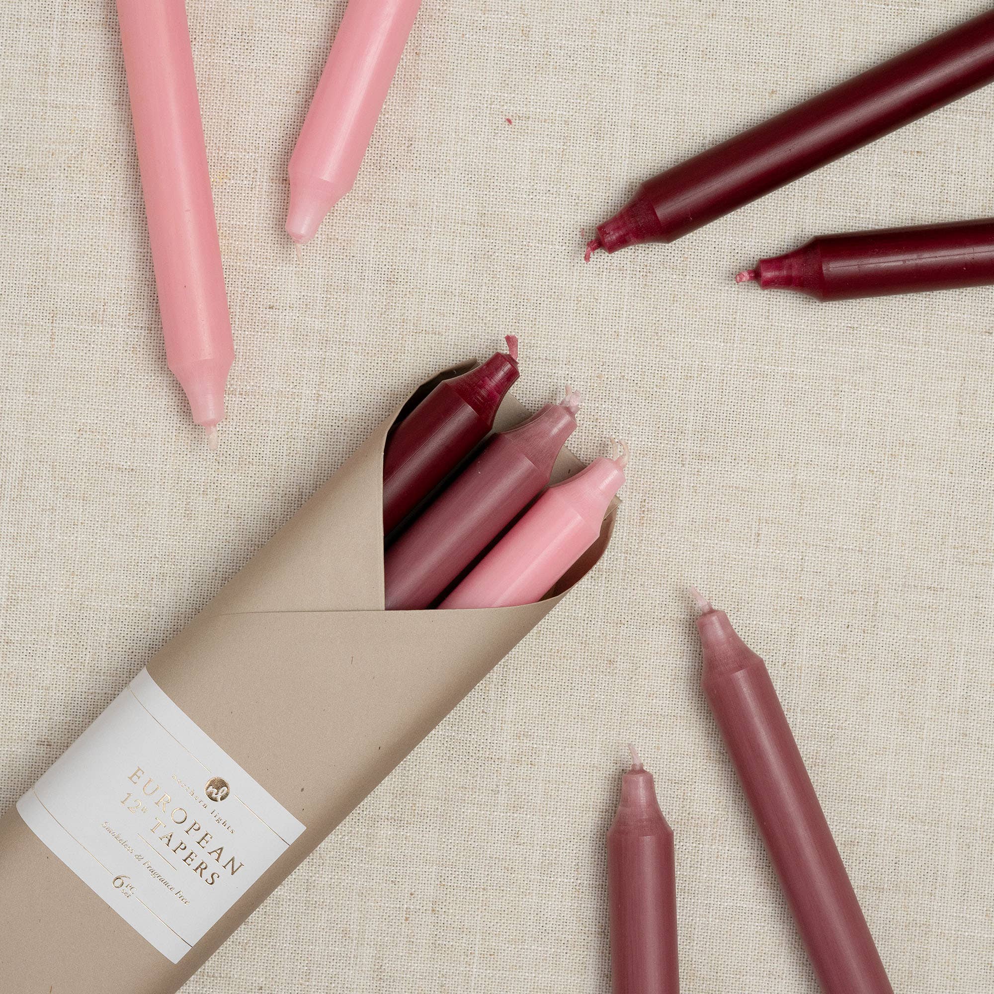 12" Taper Candles in Heirloom Petals, Set of 6 on a white background at Addison West