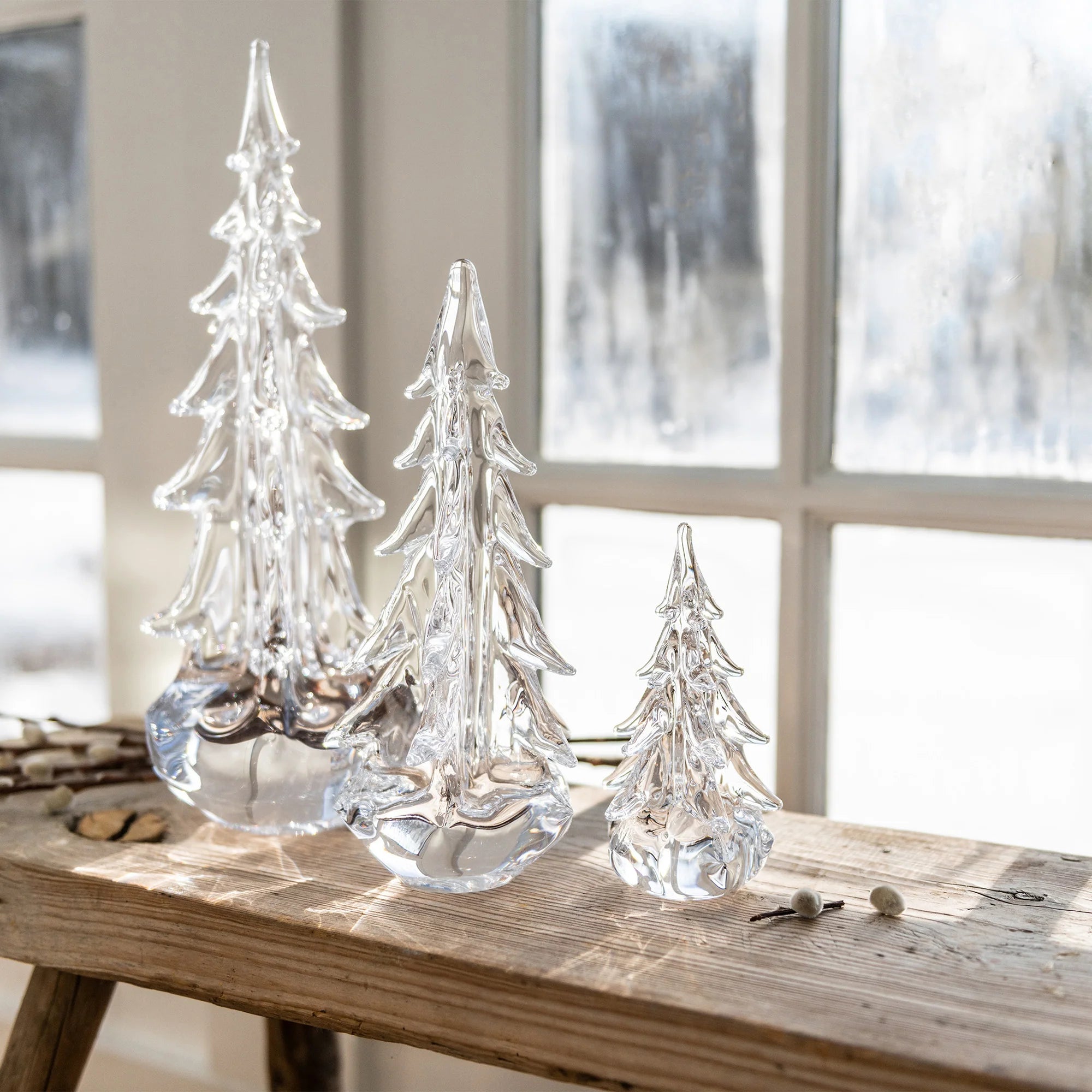 Simon Pearce Five Sided Evergreen trees  in front of a window at Addison West