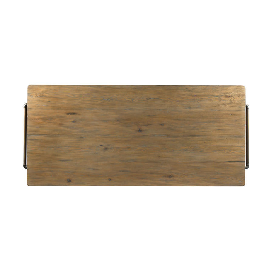 Draper's Table in Frost White Base with Antique Finish Top on a white background at Addison West