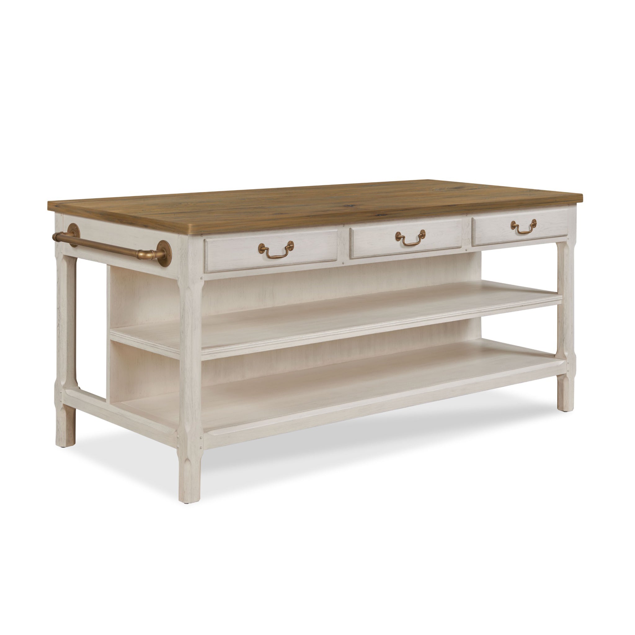 Draper's Table in Frost White Base with Antique Finish Top on a white background at Addison West