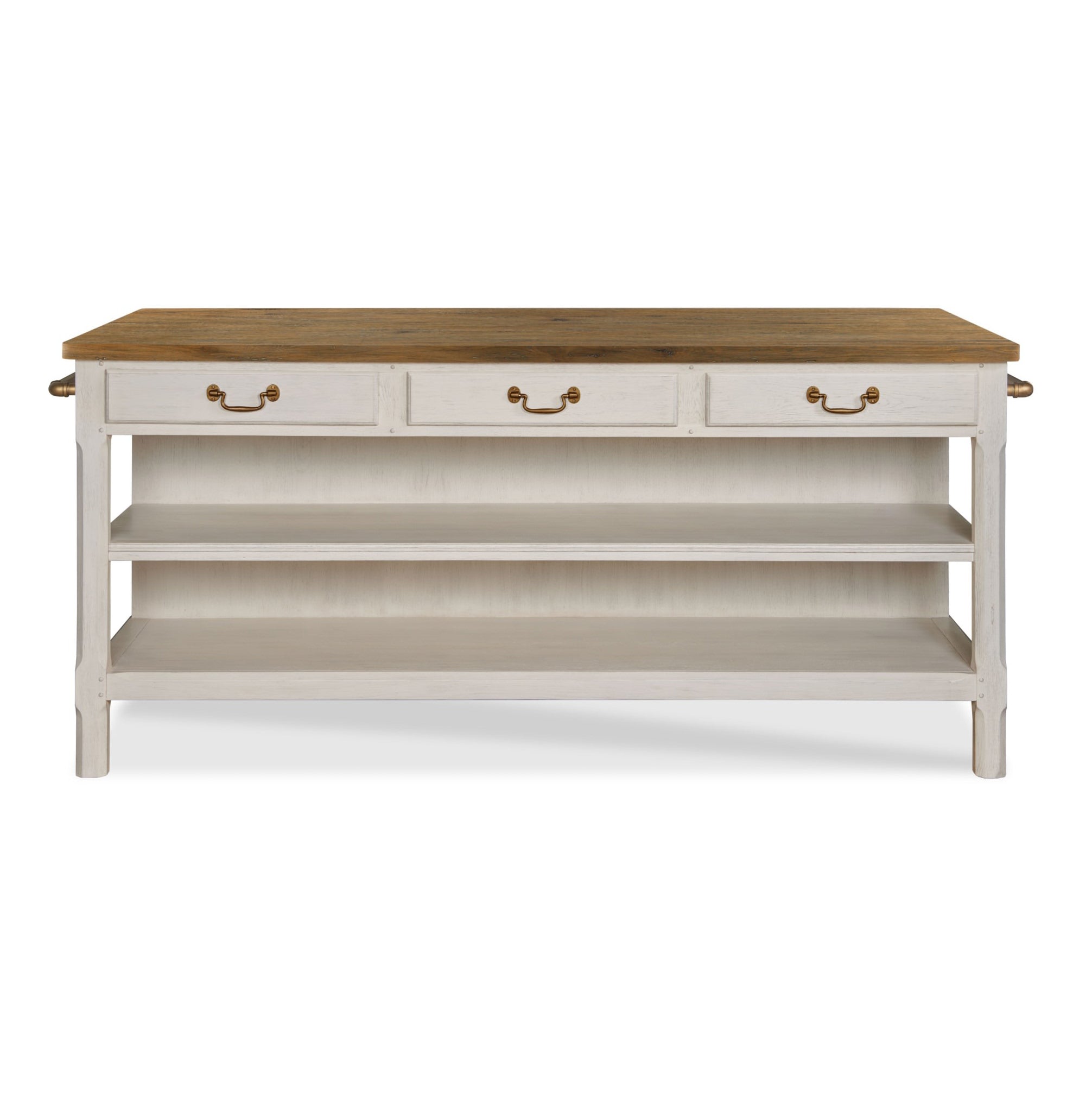 Draper's Table in Frost White Base with Antique Finish Top on a white background at Addison West