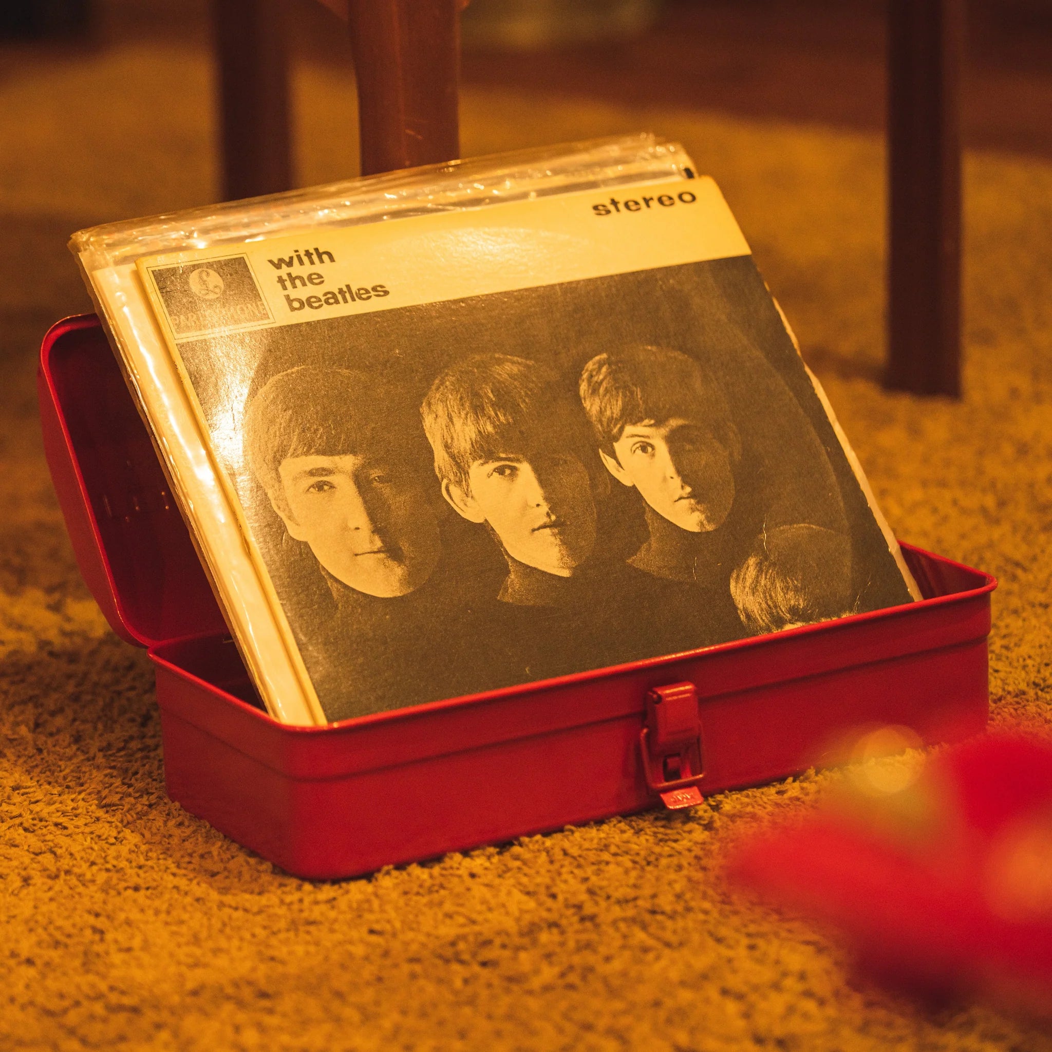 Toyo Steel Camber Toolbox Y-350 in Red on a floor with records at Addison West