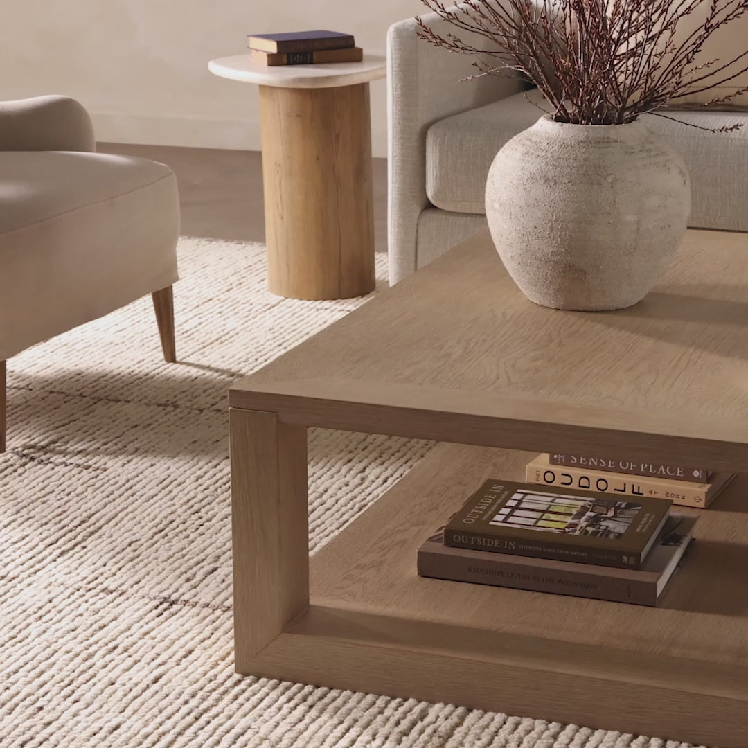 Video of Four Hands Thomas Square Coffee Table in Bleached Oak Veneerin a neutral living room at Addison West