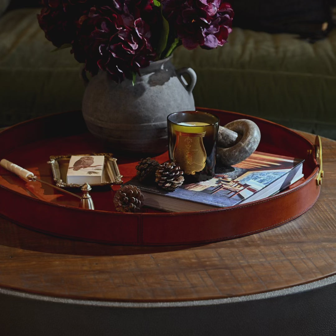Large Aspen Leather Tray on a coffee table at Addison West