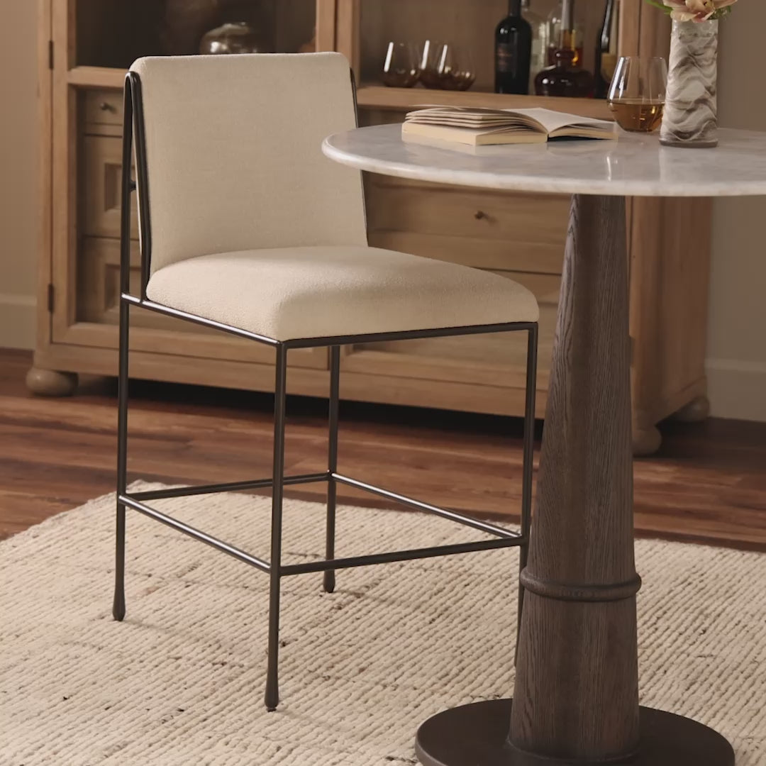 Video of Four Hands Decker Counter Stool in Crypton Wayfarer Snow in dining room at Addison West.