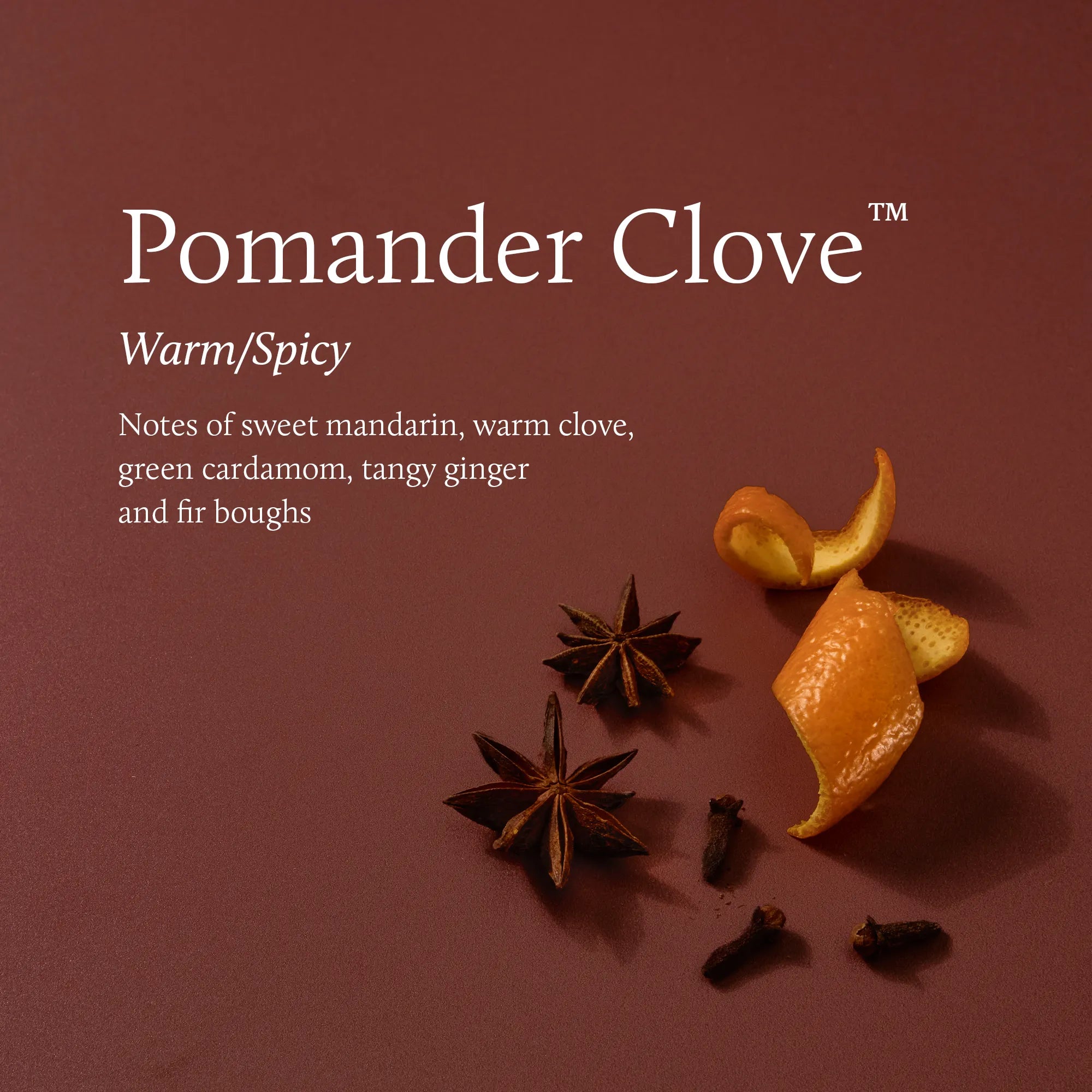 A warm brown background with white text reading 'Pomander Clove' and 'Warm/Spicy' plus a descriptive scent note. The right side shows orange peel curls, star anise, cloves, and a few dried botanical pieces arranged as a styled ingredient composition.