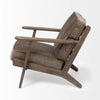 Wood arm chair with dark brown stain and olive velvet removable cushions on a white background