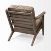 Wood arm chair with dark brown stain and olive velvet removable cushions on a white background