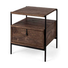 Square wood end table with black iron legs and drawer and rustic pull on a white background