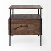Square wood end table with black iron legs and drawer and rustic pull on a white background
