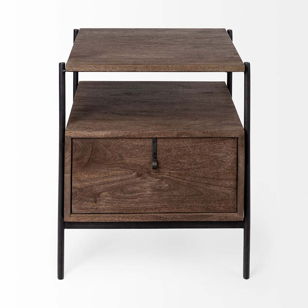 Square wood end table with black iron legs and drawer and rustic pull on a white background
