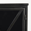 Small black metal cabinet with glass doors and cross hatch mullion design on a white background
