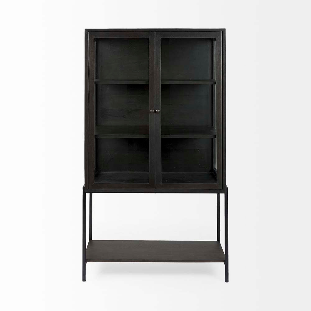 Black display cabinet with glass doors and metal base on a white background