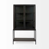 Black display cabinet with glass doors and metal base on a white background