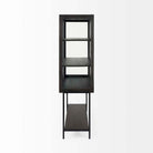Side view of Black display cabinet with glass doors and metal base on a white background