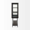 Side view of Black display cabinet with glass doors and metal base on a white background