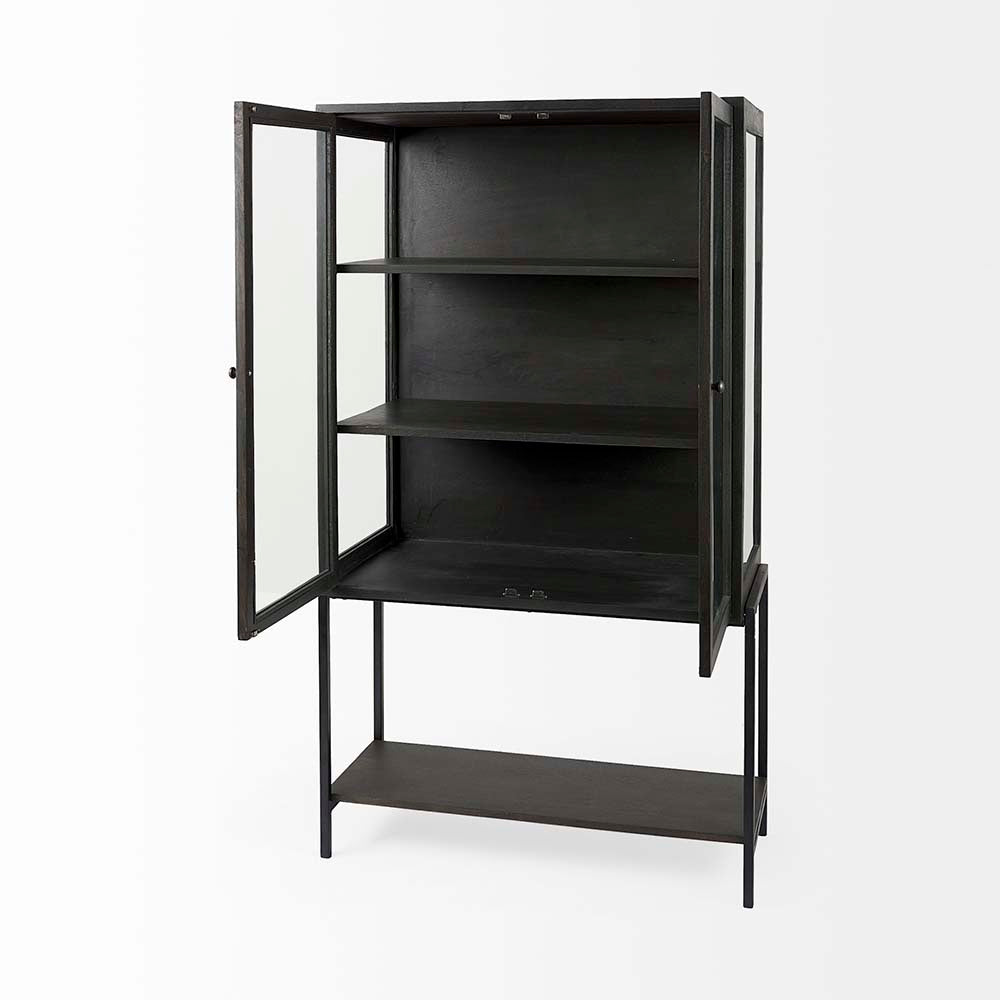 Black display cabinet with glass doors and metal base on a white background