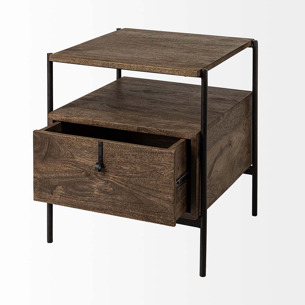 Square wood end table with black iron legs and drawer and rustic pull on a white background