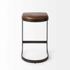 Black counter stool with iron base and U-shaped leather seat on a white background