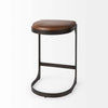 Black counter stool with iron base and U-shaped leather seat on a white background