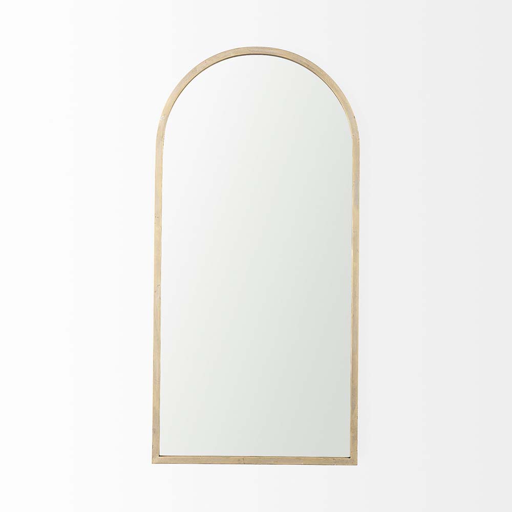 Arched top wall mirror with brushed gold finish on a white background