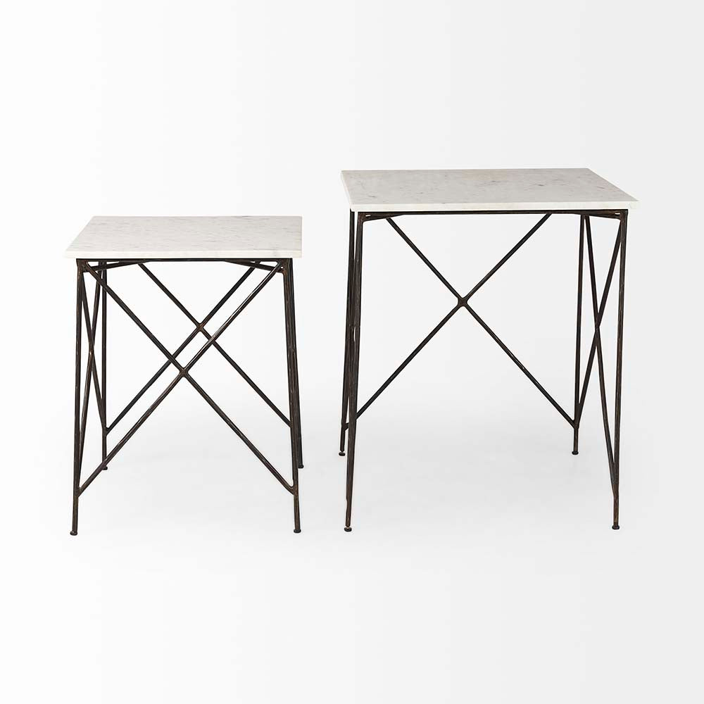Set of two marble top nested tables with iron base on a white background