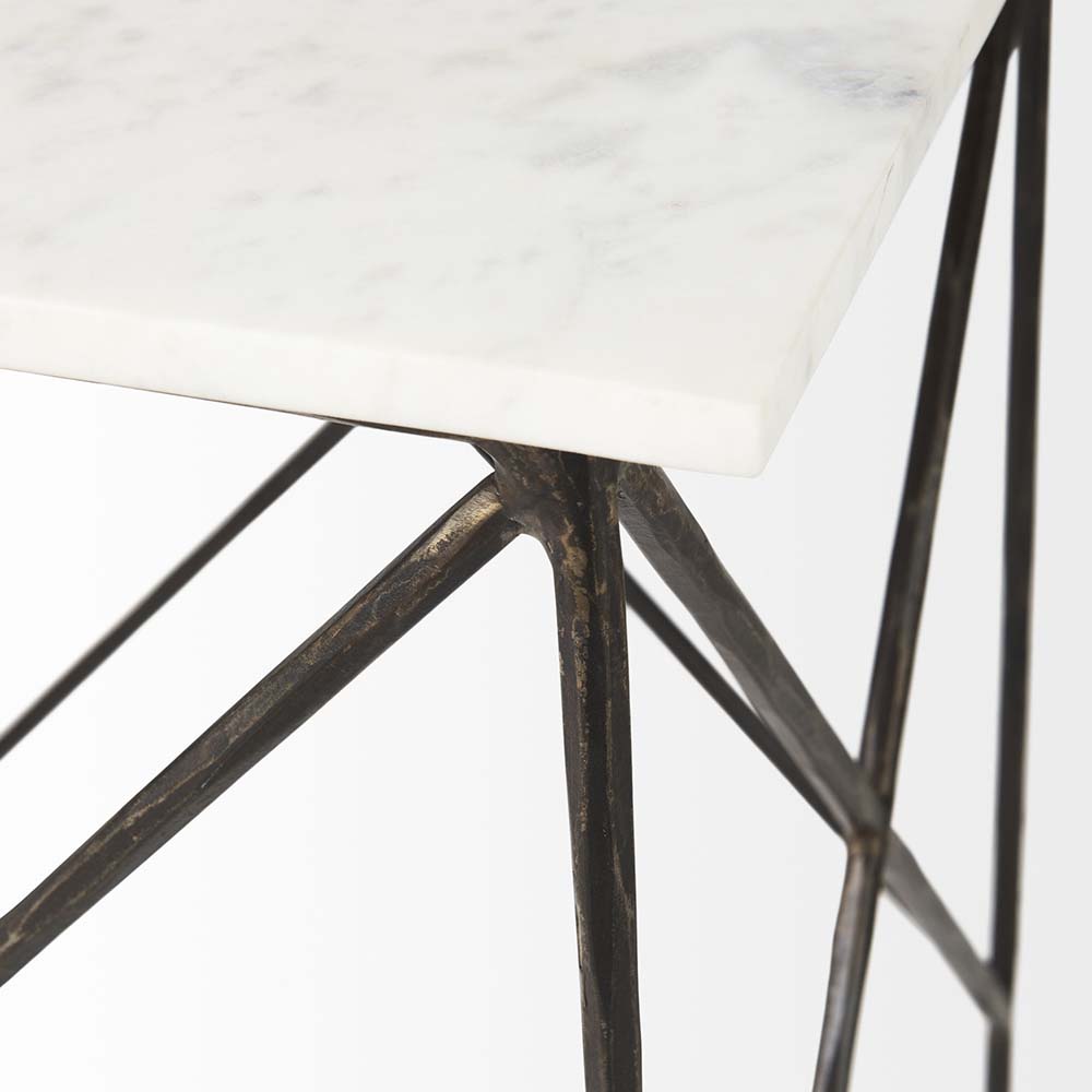 Set of two marble top nested tables with iron base on a white background