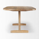 Oval wood dining table with trellis style base on a white background