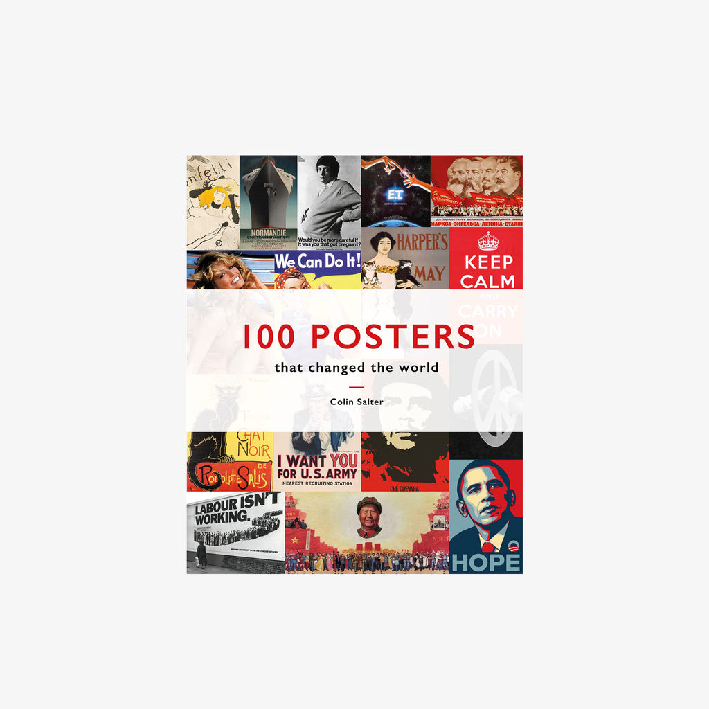 Various posters on cover of book '100 posters that changed the world' on a white background