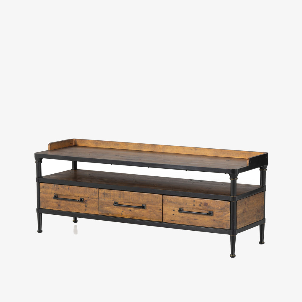 Four Hands Ivana Storage Entry Bench with wood and steel frame three drawers and bench seat on a white background