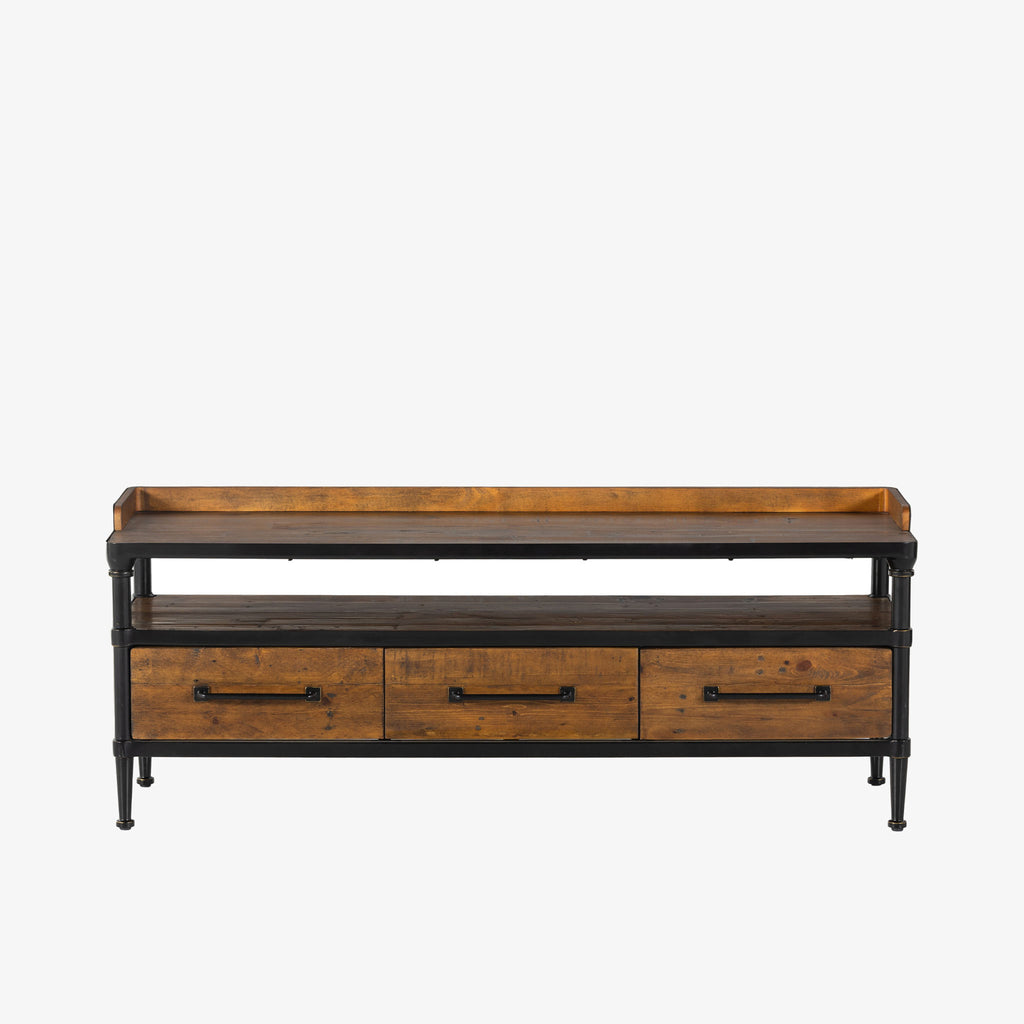 Four Hands Ivana Storage Entry Bench with wood and steel frame three drawers and bench seat on a white background