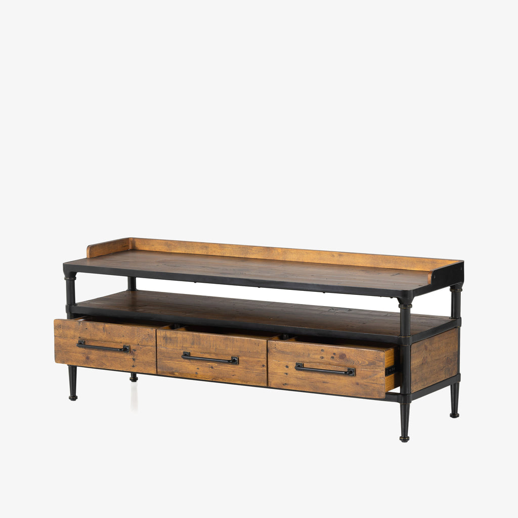 Four Hands Ivana Storage Entry Bench with wood and steel frame three drawers and bench seat on a white background