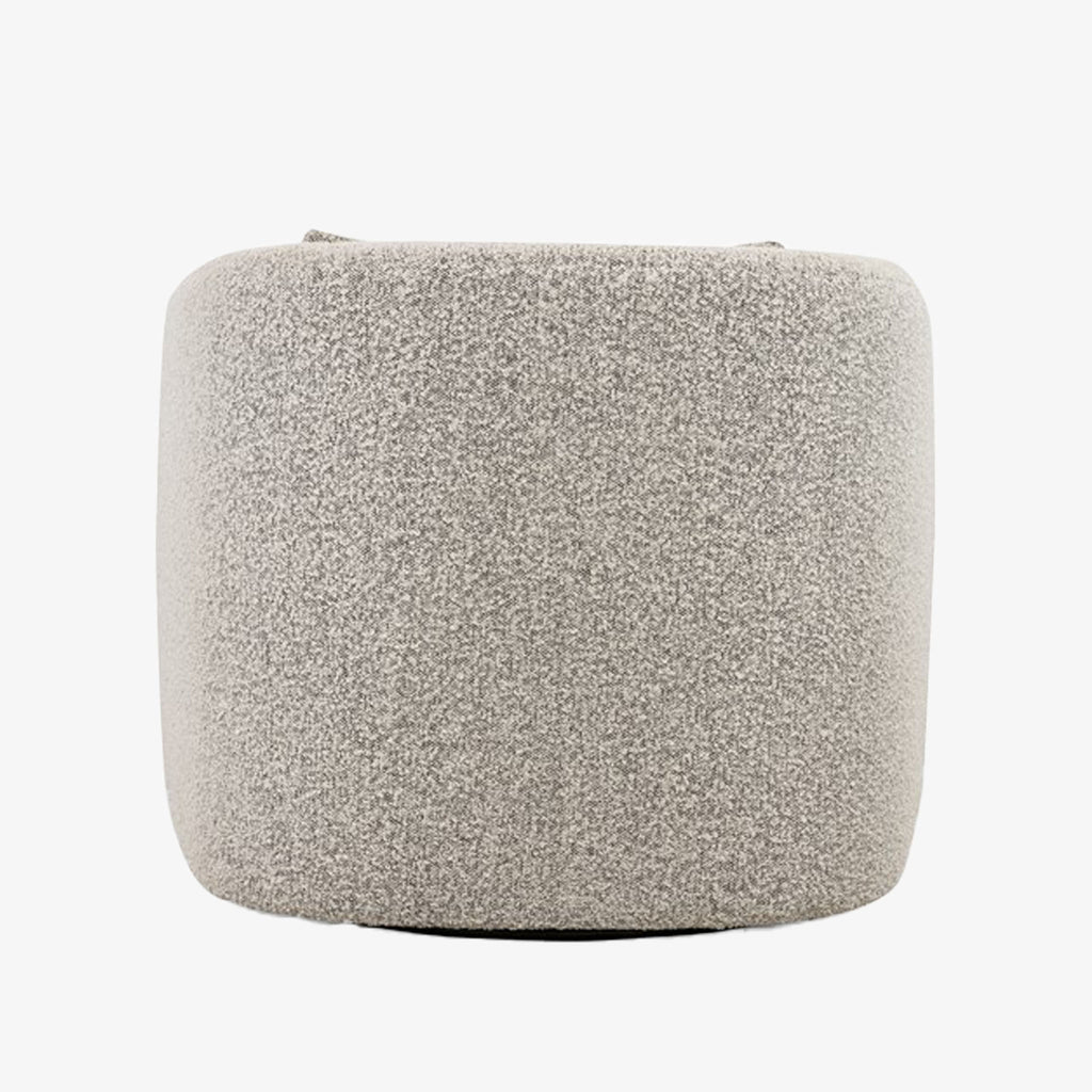 Back view of Four hands brand Topanga swivel chair with boucle grey and creme fabric on a white background