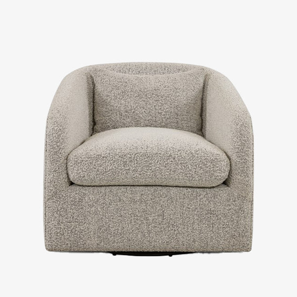Four hands brand Topanga swivel chair with boucle grey and creme fabric on a white background