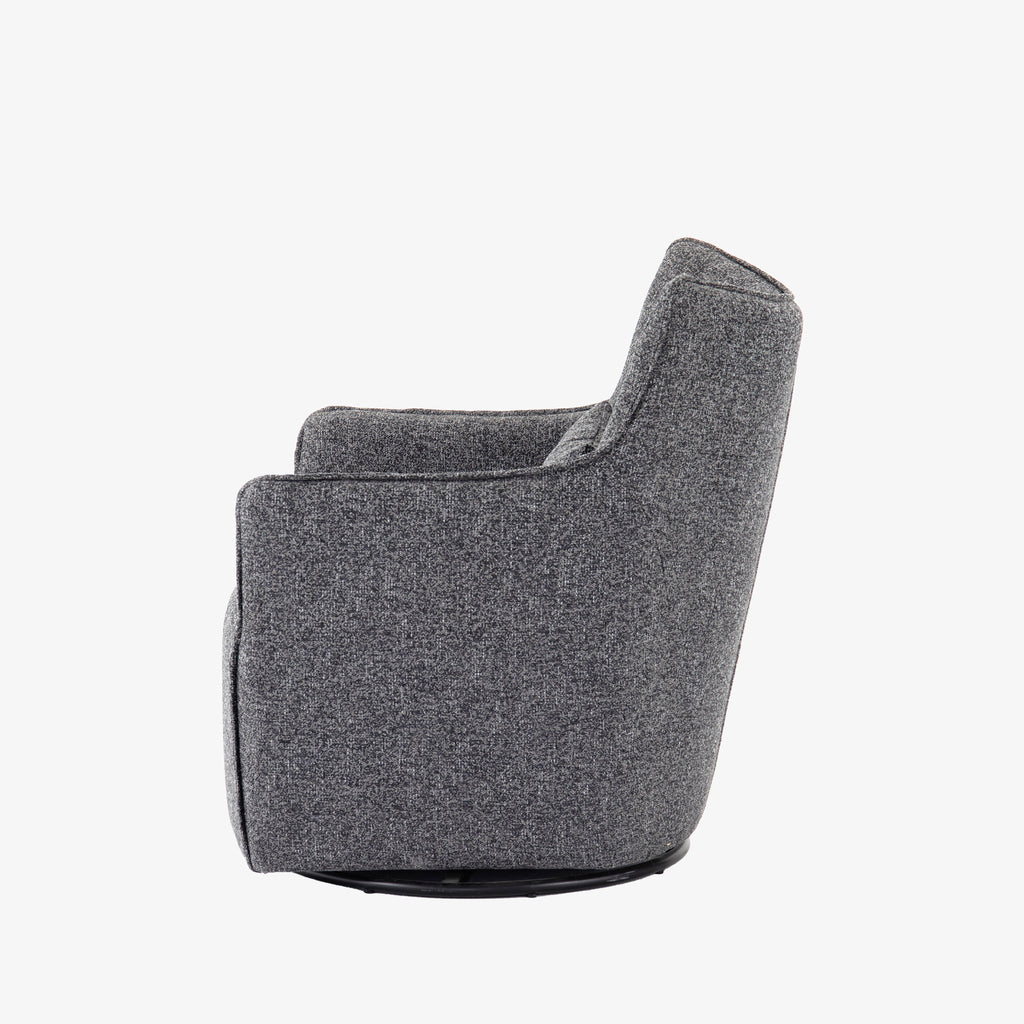 Charcoal grey small swivel armchair by four hands furniture on a white background