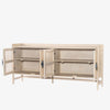 Four Hands Furniture brand caprice sideboard in light wood with four cane doors swung open on a white background